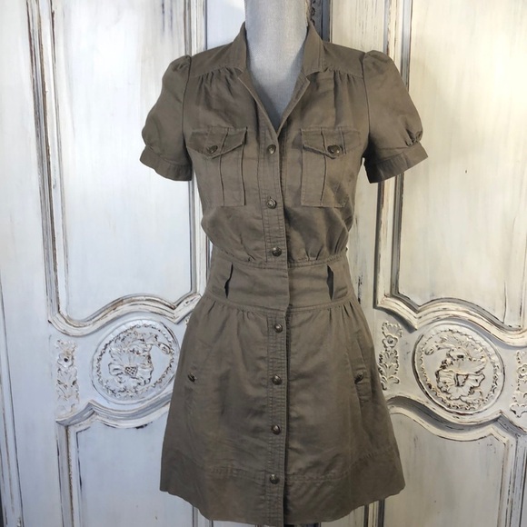 Silence & Noise Khaki Cotton Linen Blend Short Sleeve Button Down Safari Dress - Picture 1 of 13